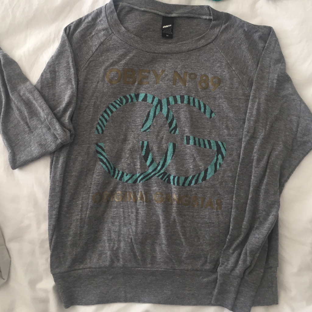 Obey Gray Sweatshirt With Teal And Gold Accents